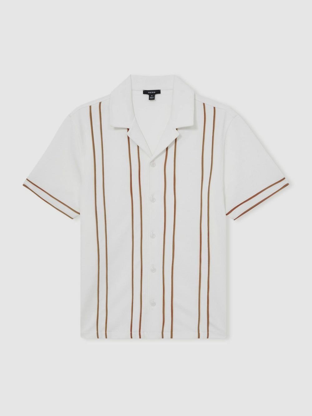 Piped-Stripe Cuban-Collar Shirt in White/Camel