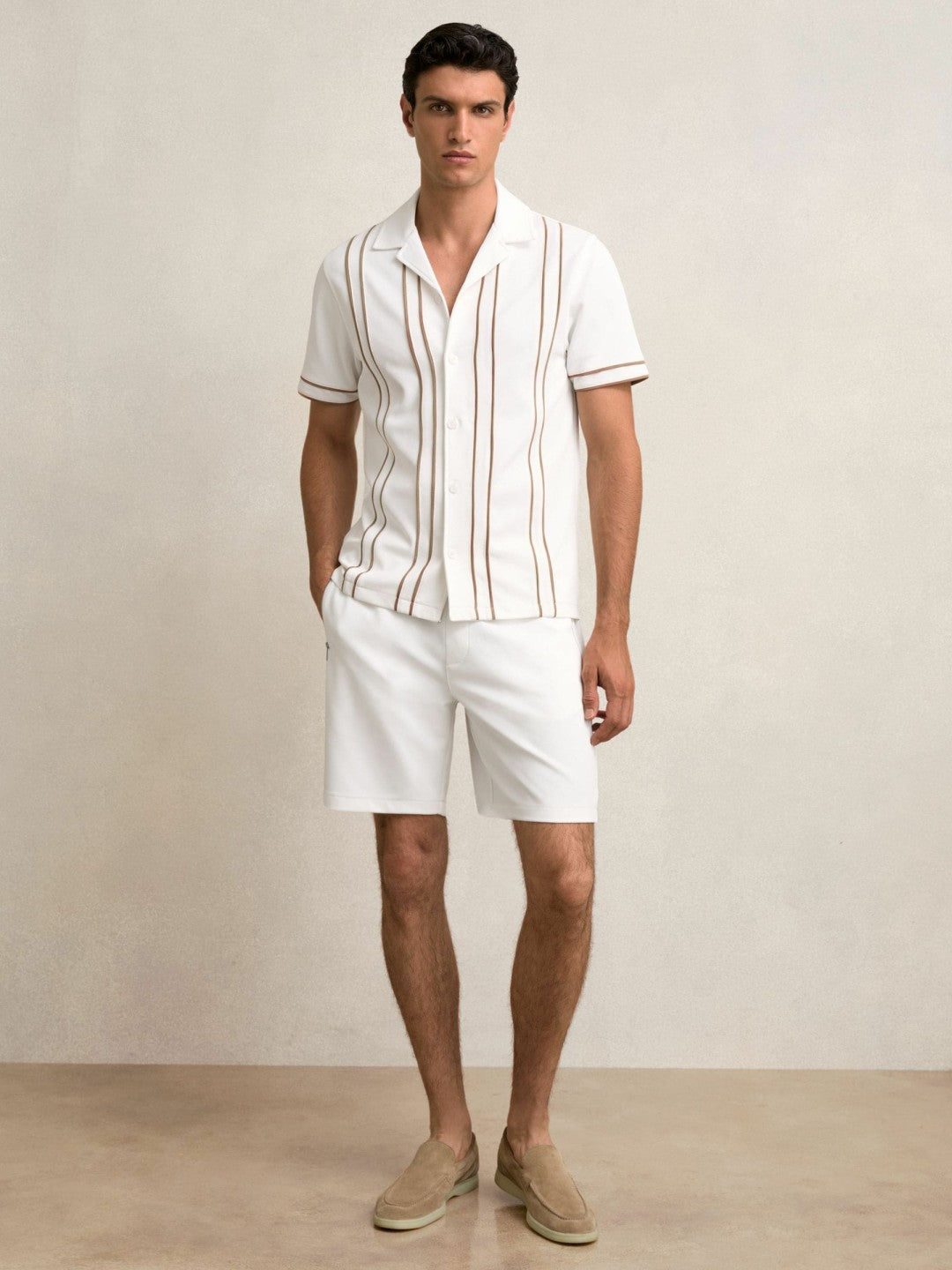 Piped-Stripe Cuban-Collar Shirt in White/Camel