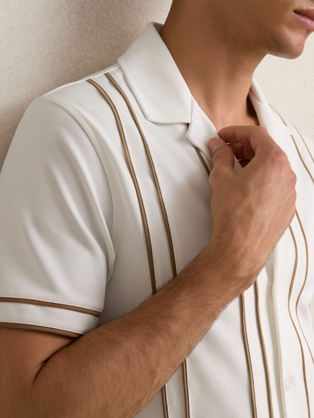 Piped-Stripe Cuban-Collar Shirt in White/Camel