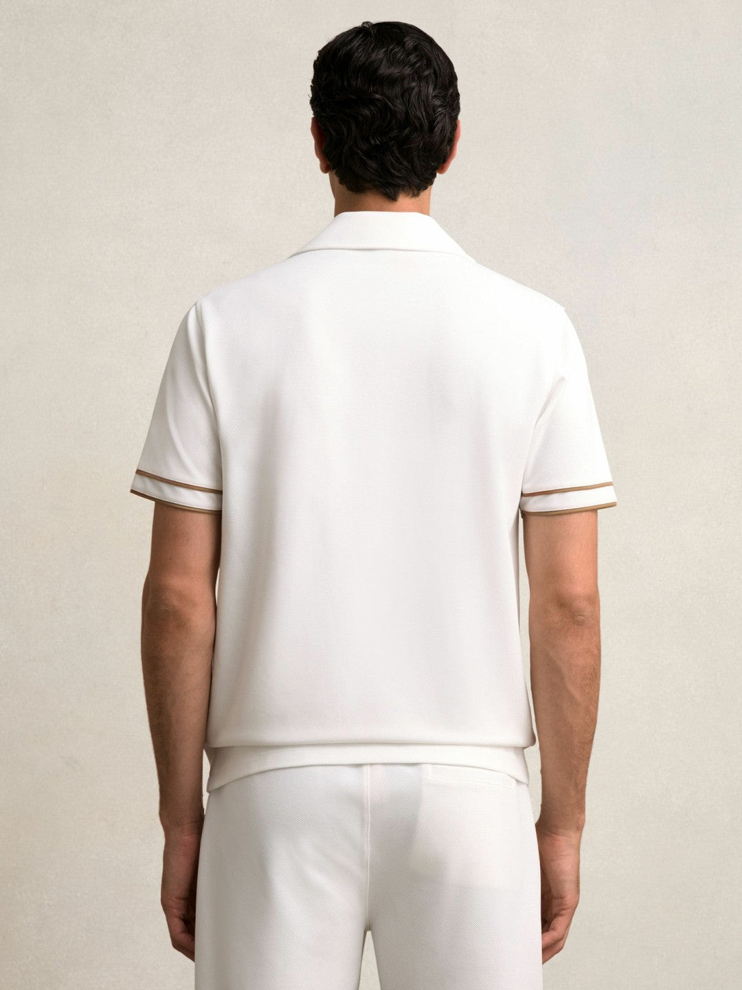 Piped-Stripe Cuban-Collar Shirt in White/Camel