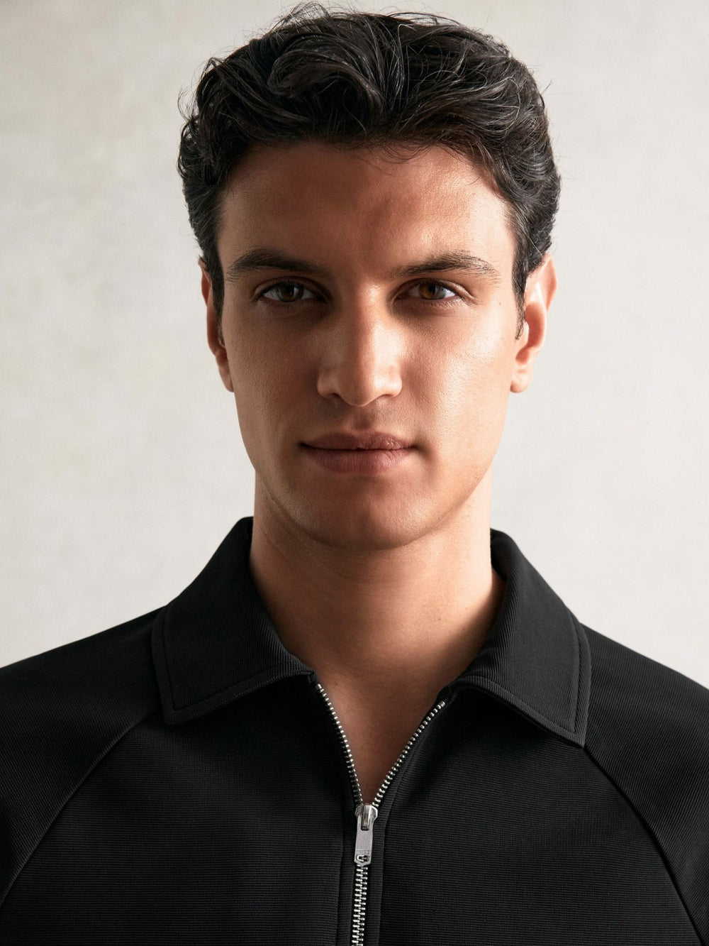 Textured Raglan Half-Zip Polo Shirt in Black