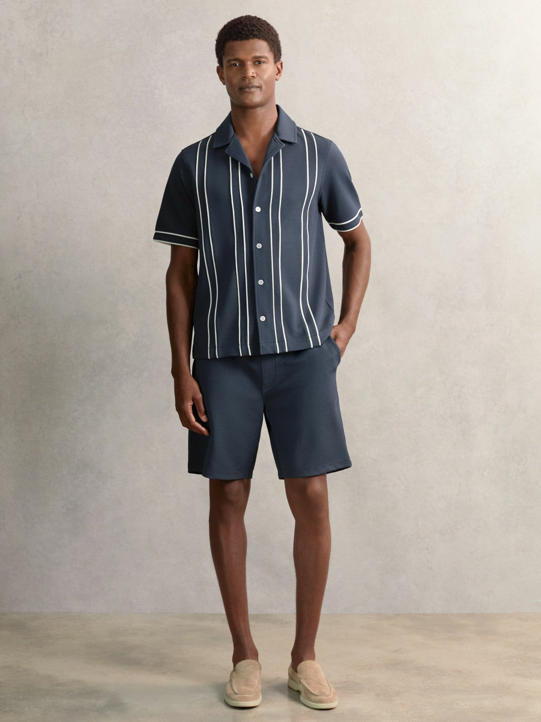 Piped-Stripe Cuban-Collar Shirt in Airforce Blue