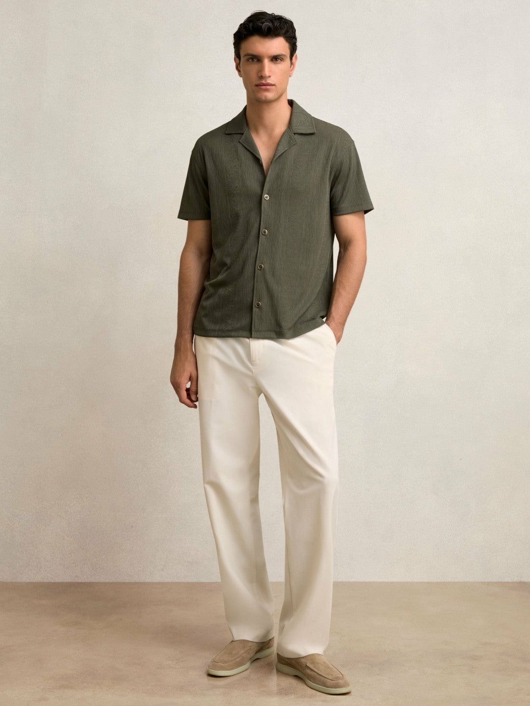 Jacquard-Stripe Cuban-Collar Shirt in Dark Green