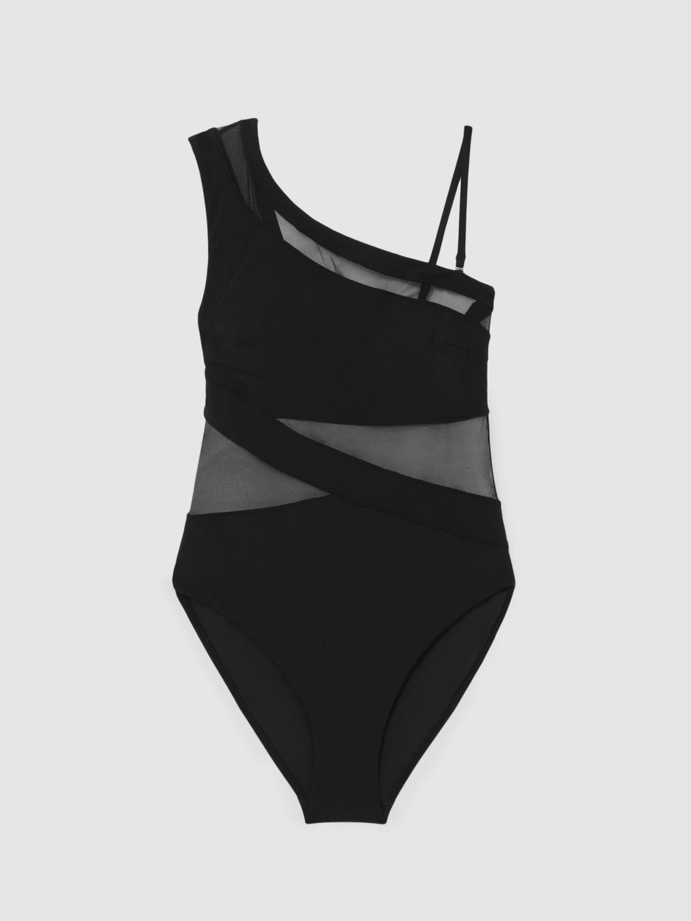 One Shoulder Mesh Panel Swimsuit in Black