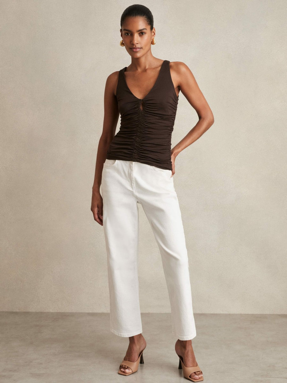 Stretch Lyocell Jersey Ruched Vest in Chocolate Brown