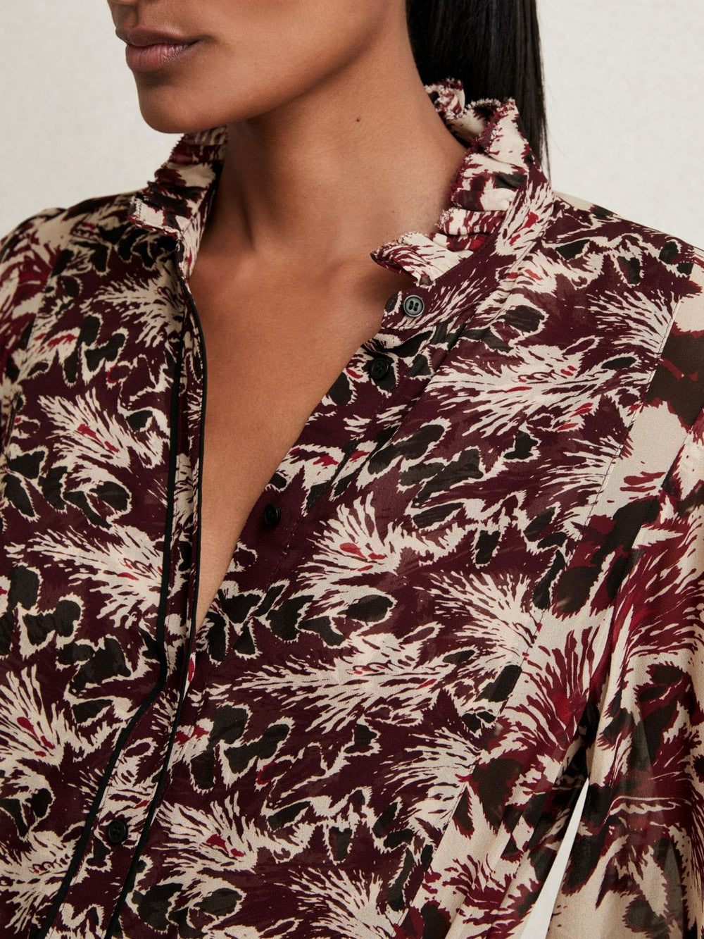Abstract-Print Ruffle-Neck Shirt in Burgundy/Cream