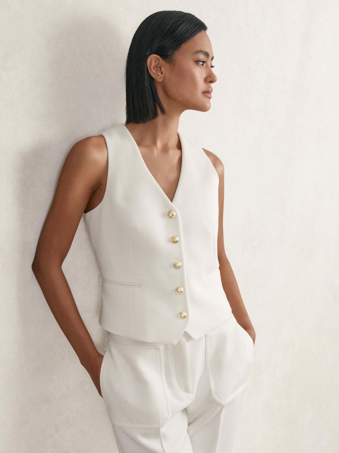 Single-Breasted Twill Waistcoat With Wool in White