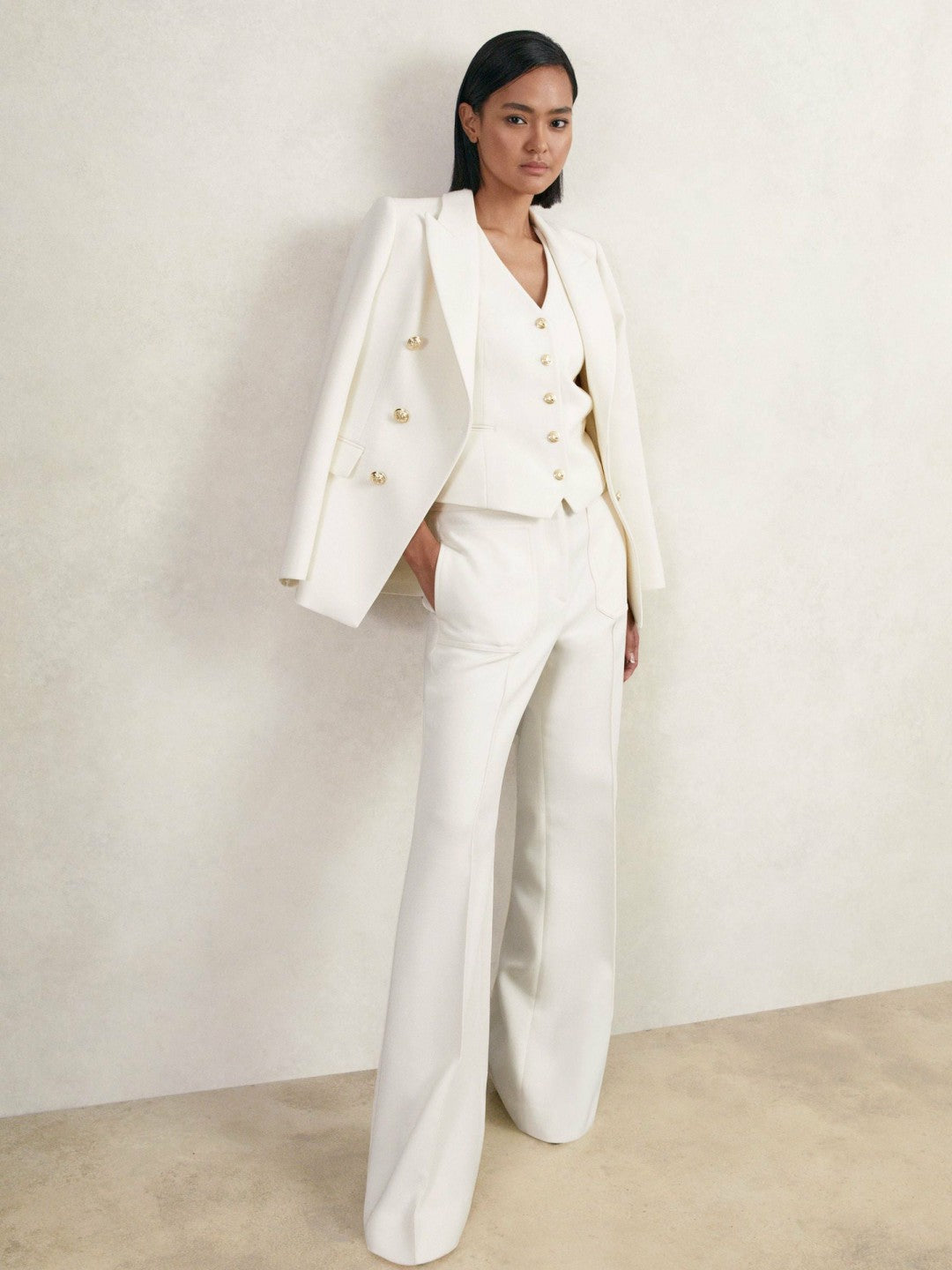 Single-Breasted Twill Waistcoat With Wool in White