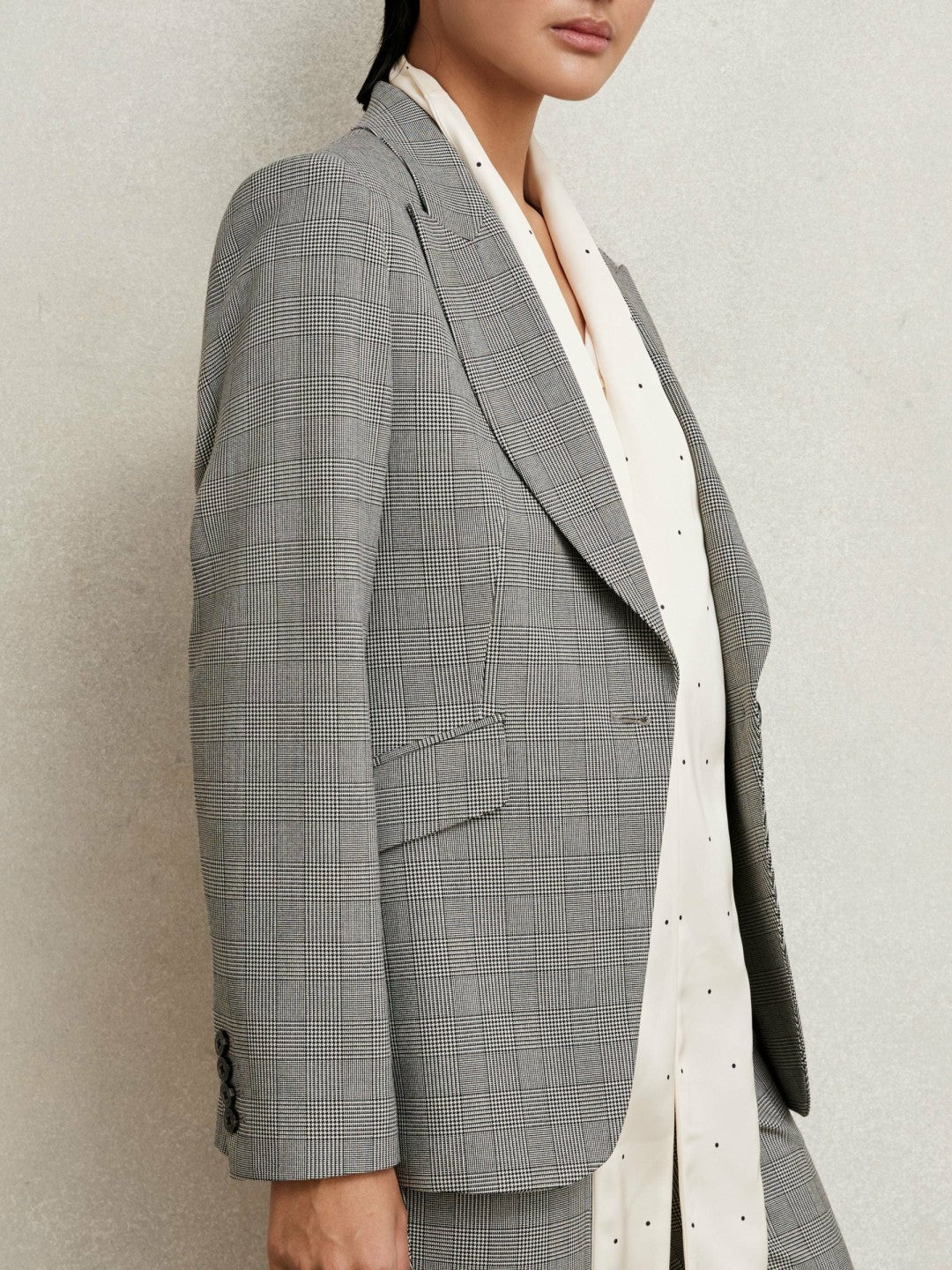 Petite Single-Breasted Check Suit Blazer in Grey