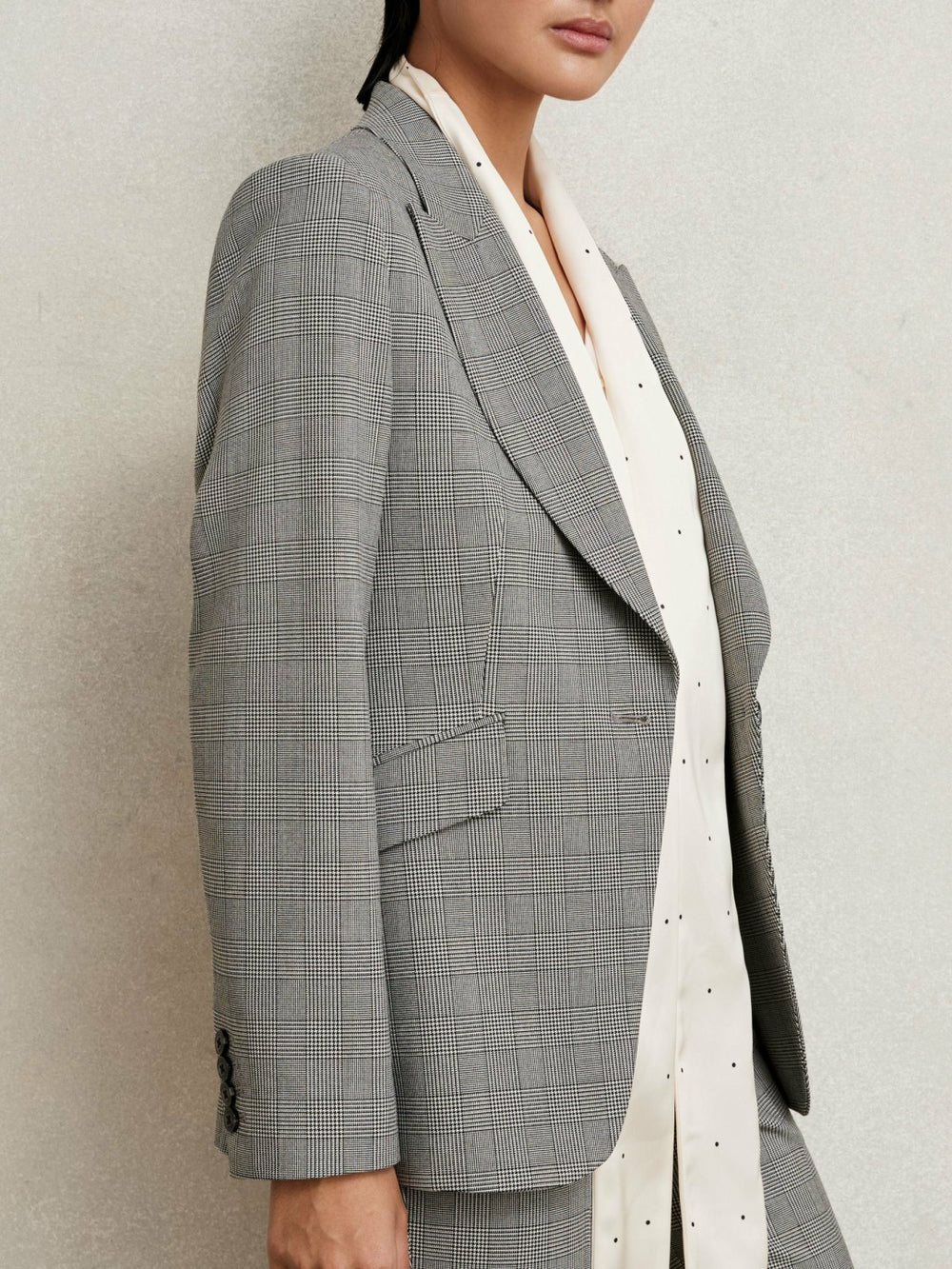 Petite Single-Breasted Check Suit Blazer in Grey