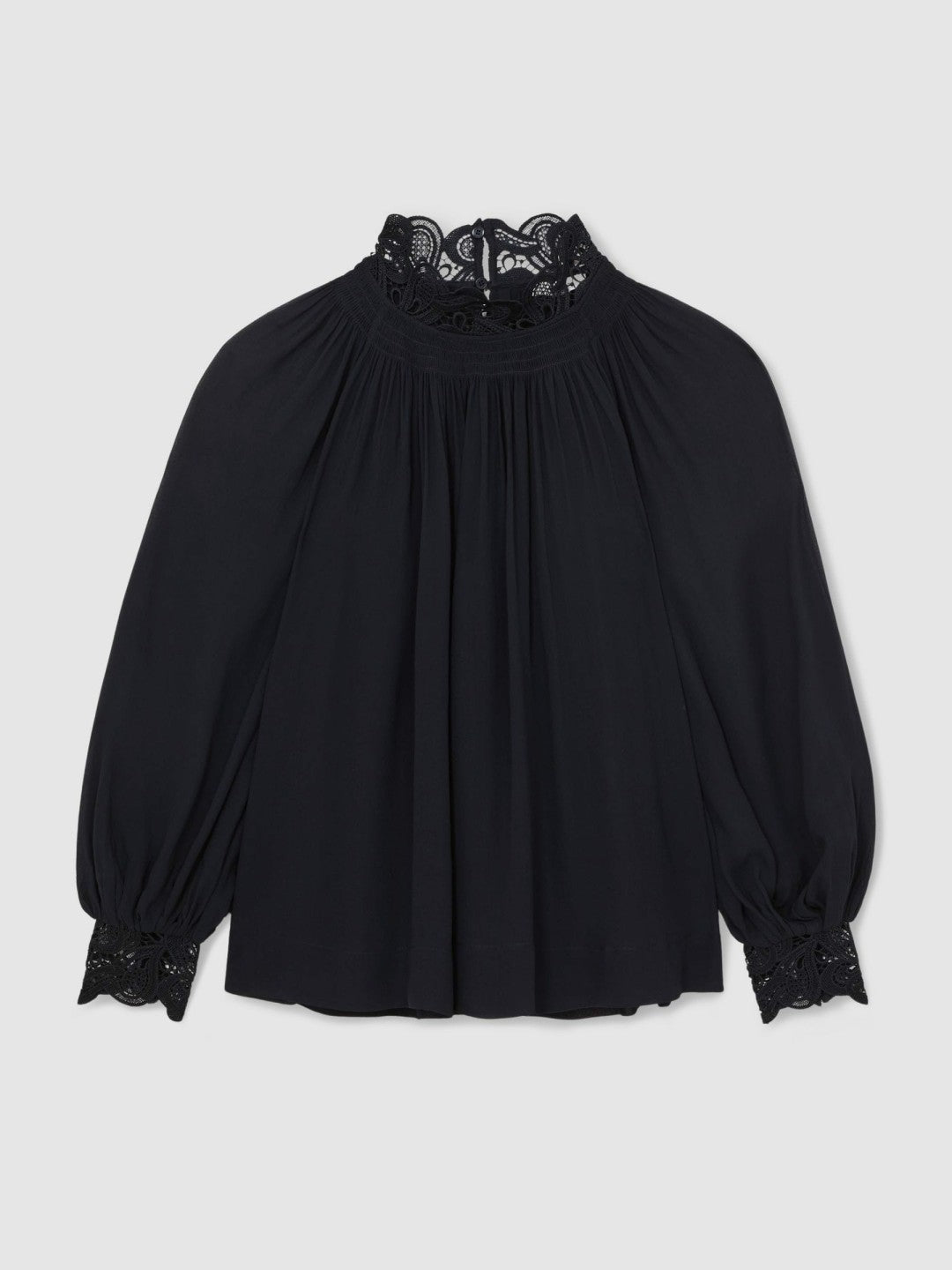 Lace-Trim Draped Chiffon Top in Navy