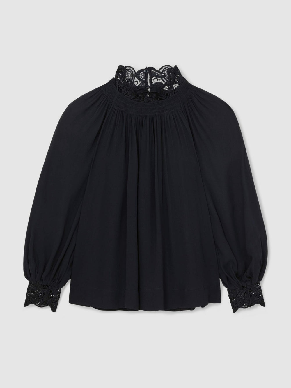 Lace-Trim Draped Chiffon Top in Navy