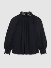 Lace-Trim Draped Chiffon Top in Navy