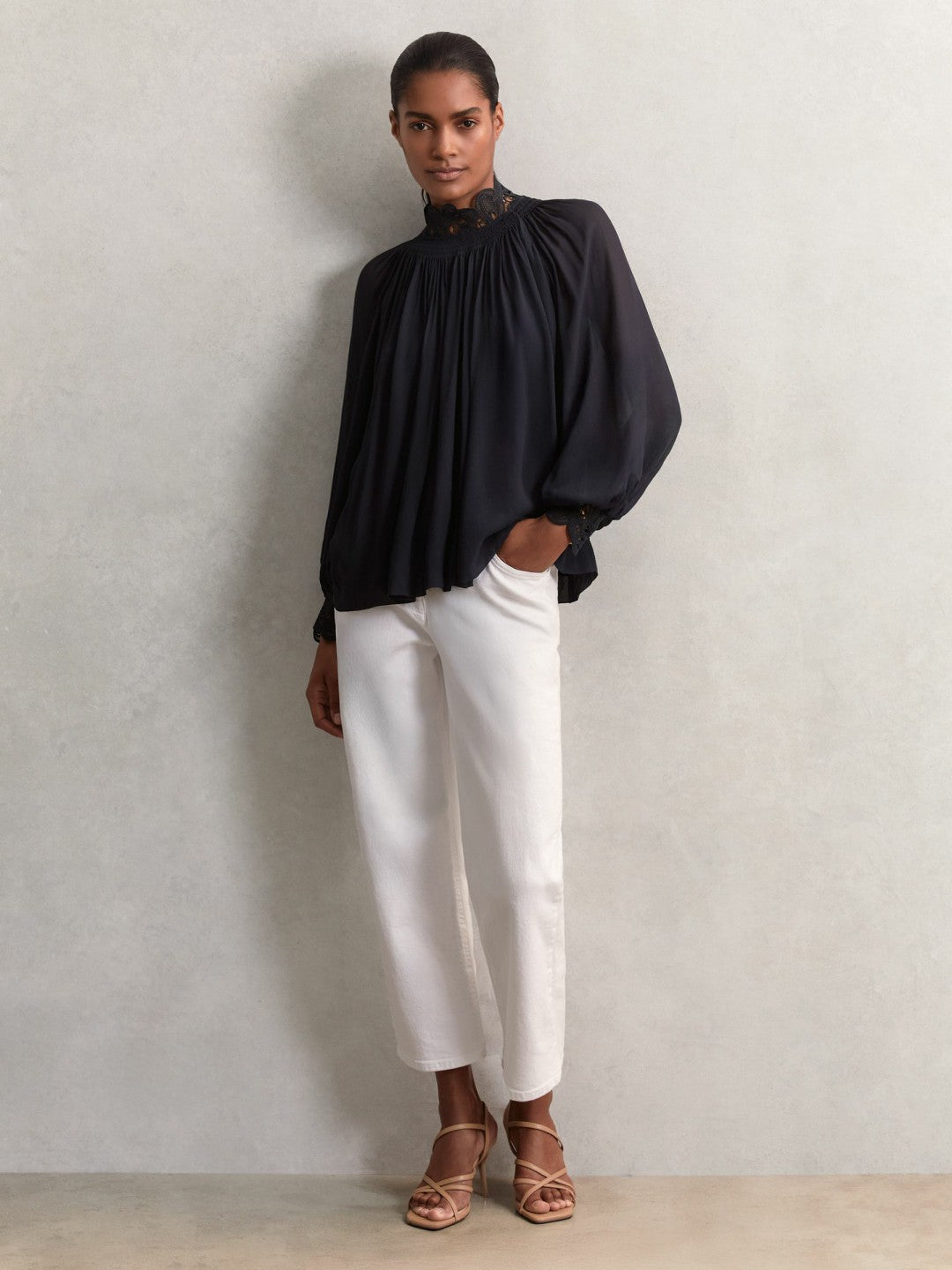 Lace-Trim Draped Chiffon Top in Navy
