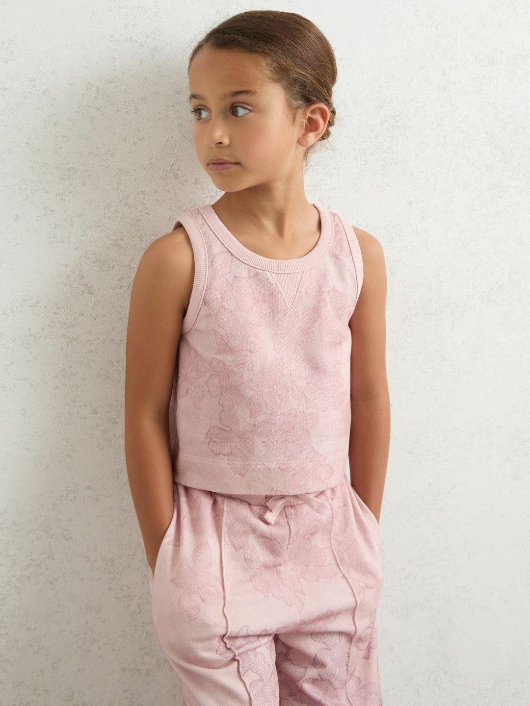 13-14 yrs Cotton Floral Vest and Joggers Set in Pink Print