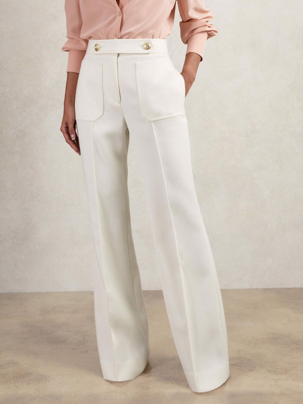 Petite Twill Button-Tab Flared Trousers With Wool in White