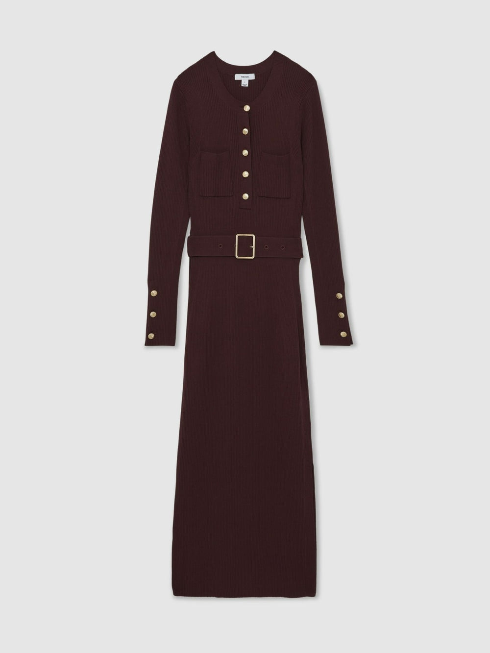 Buttoned Rib-Knit Midi Dress in Burgundy