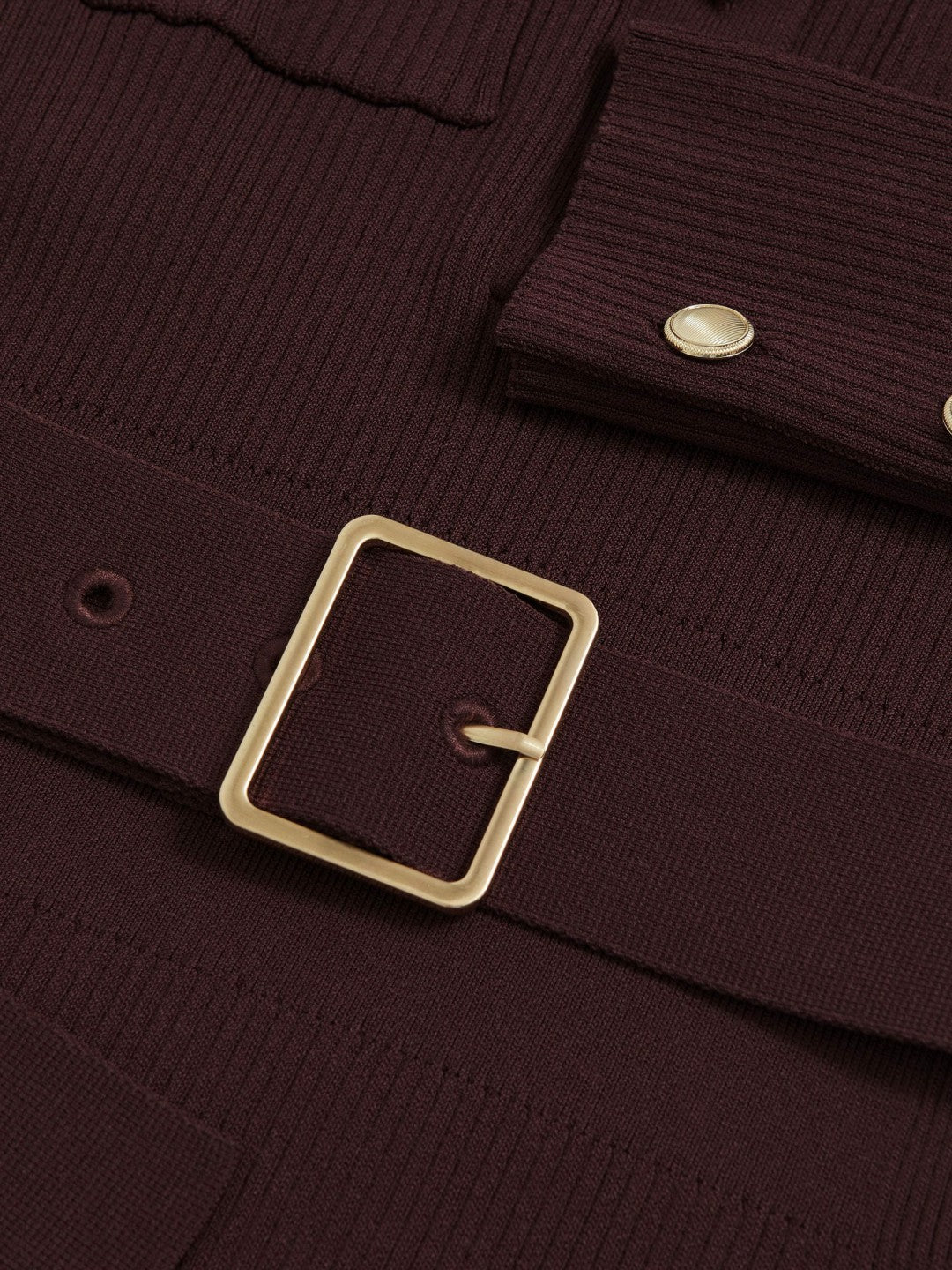 Buttoned Rib-Knit Midi Dress in Burgundy