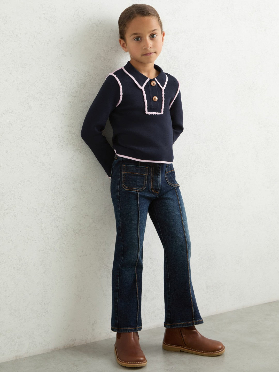9-13 yrs Piped Knitted Collar Top in Navy