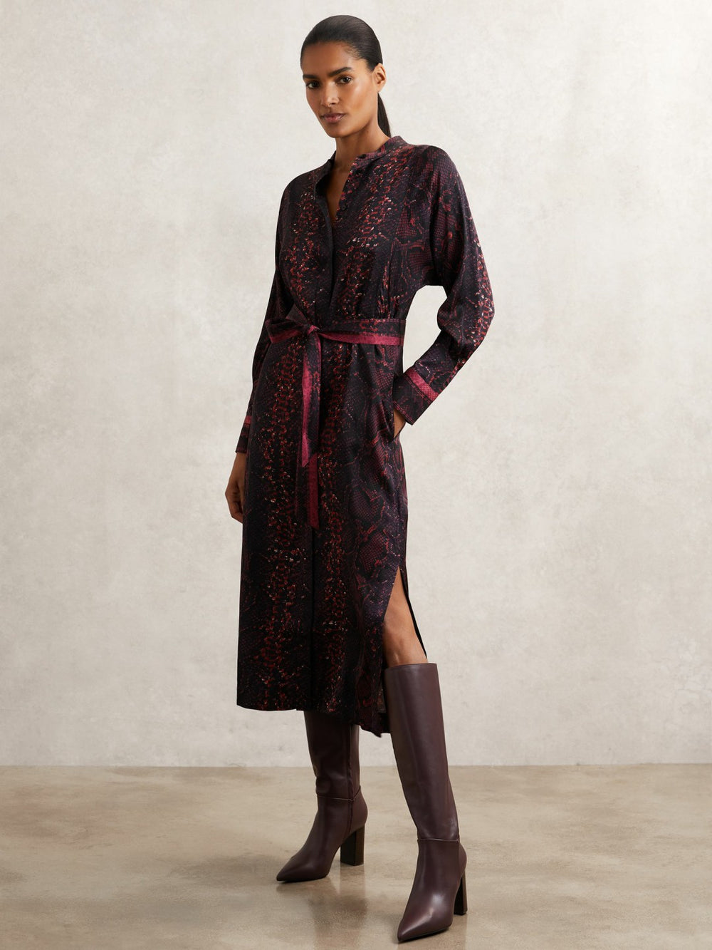 Snake-Print Belted Shirt Dress in Burgundy/Black