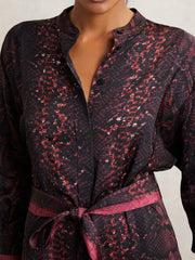 Snake-Print Belted Shirt Dress in Burgundy/Black