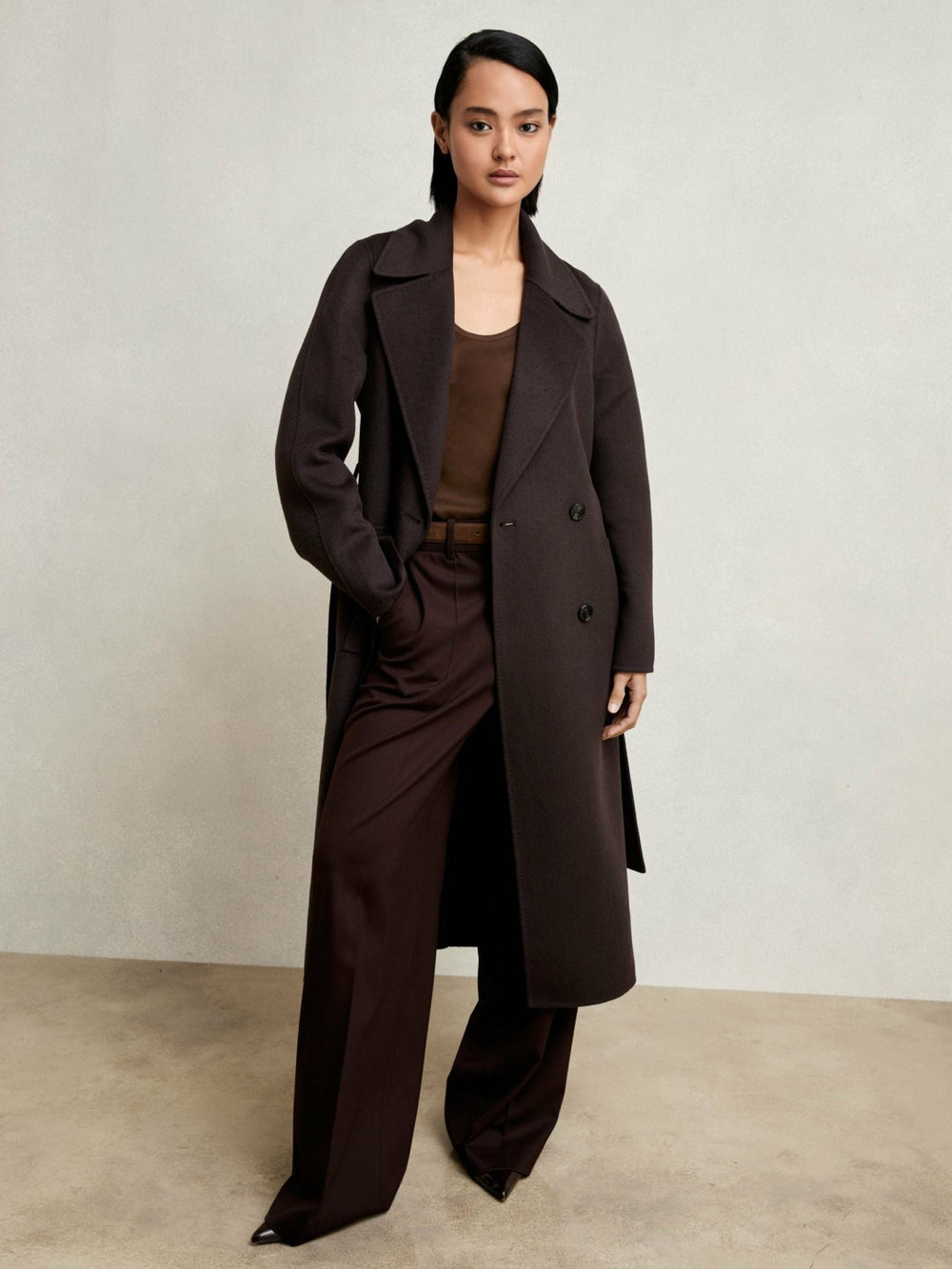 Double-Breasted Blindseam Coat Wool-Blend in Aubergine