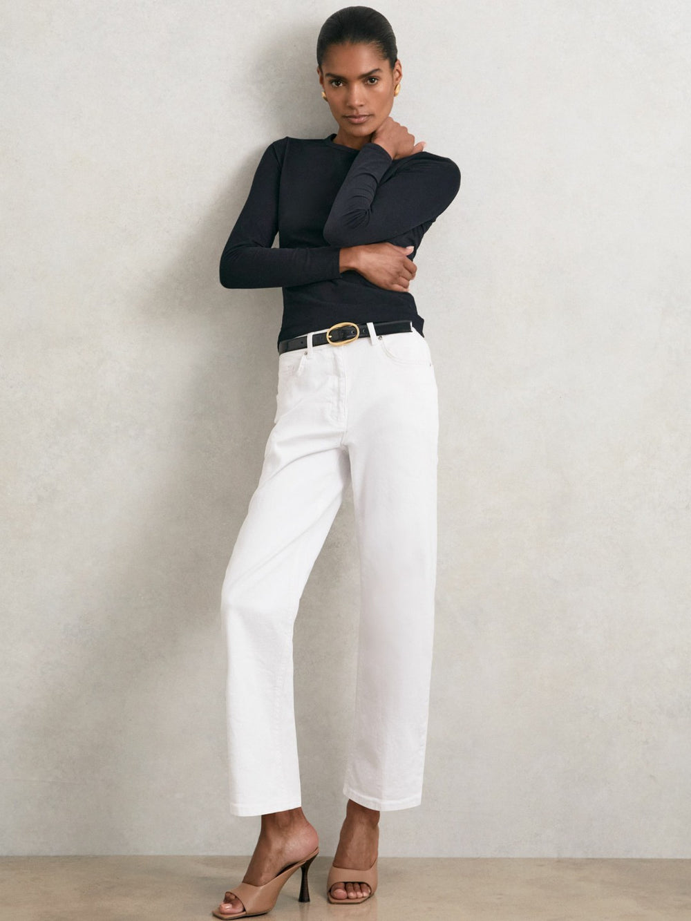 Cotton Crew-Neck Long-Sleeve T-Shirt With Stretch in Black