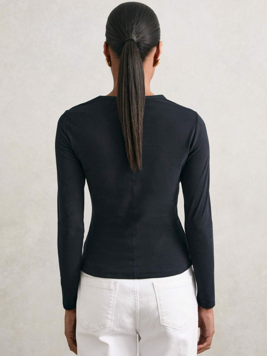 Cotton Crew-Neck Long-Sleeve T-Shirt With Stretch in Black