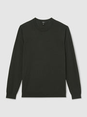 Merino Wool Crew Neck Jumper in Dark Military Green