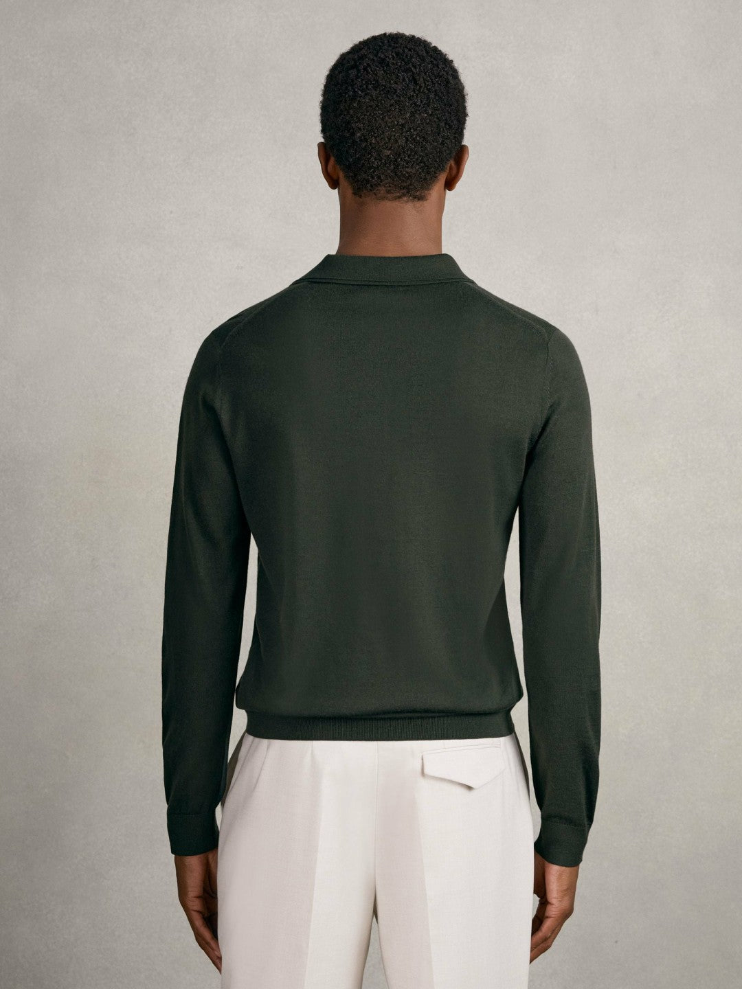 Merino Wool Long-Sleeve Polo Shirt in Dark Military Green
