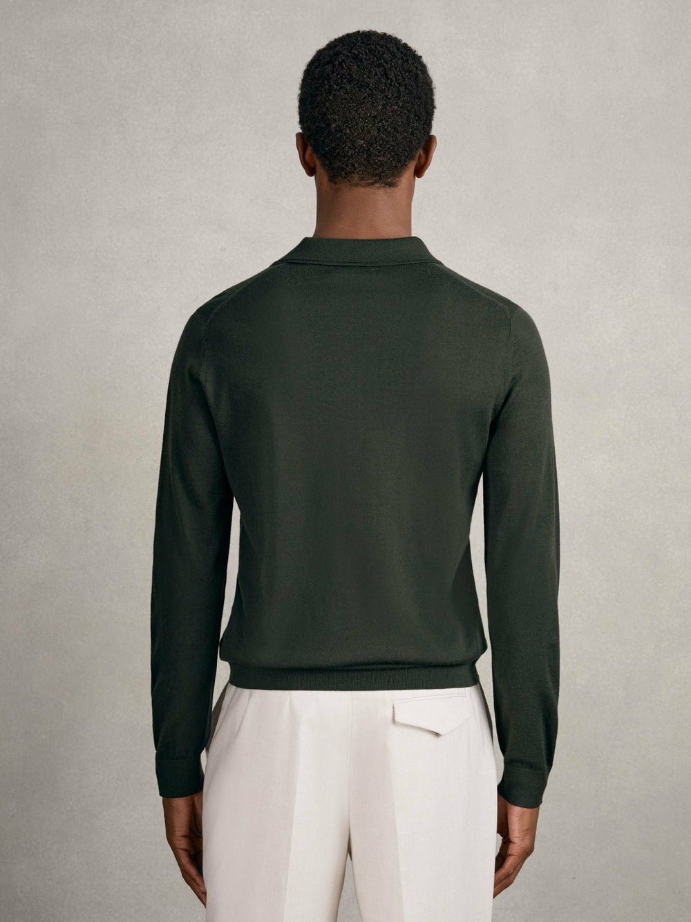 Merino Wool Long-Sleeve Polo Shirt in Dark Military Green