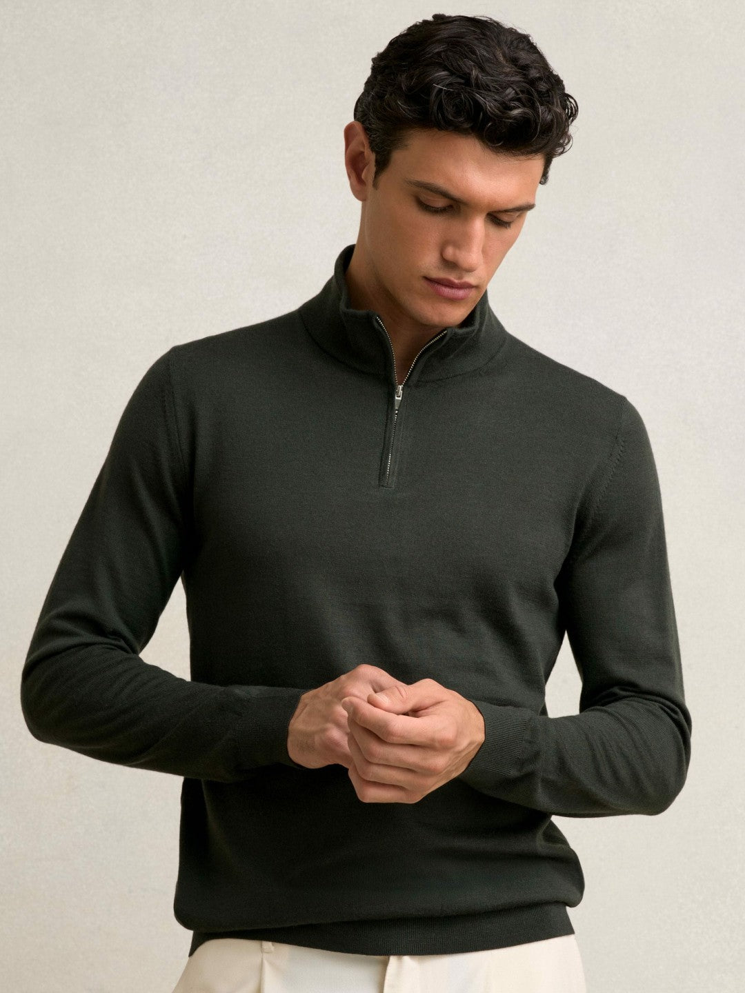 Merino Wool Half-Zip Jumper in Dark Military Green