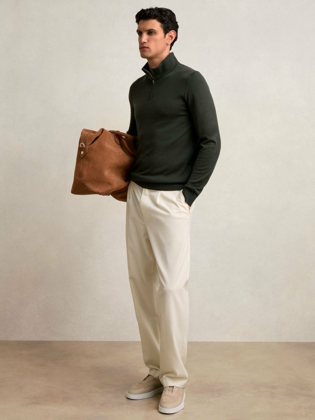 Merino Wool Half-Zip Jumper in Dark Military Green