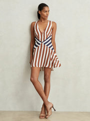 Stripe-Print Sleeveless Mini Dress in Brown/Navy