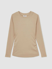 Cotton Long-Sleeve Ruched T-Shirt with Stretch in Camel