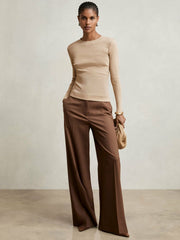 Cotton Long-Sleeve Ruched T-Shirt with Stretch in Camel