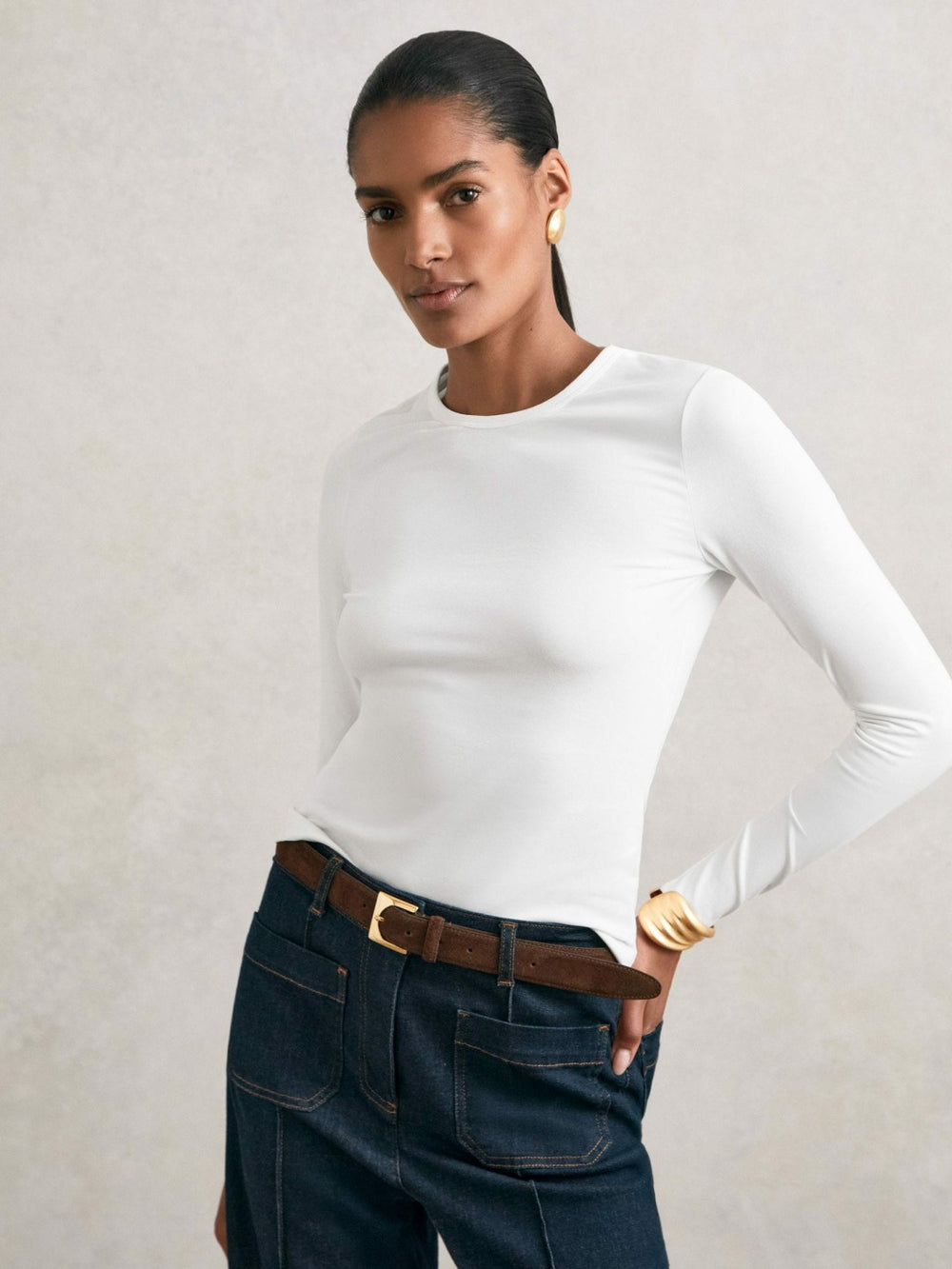Cotton Crew-Neck Long-Sleeve T-Shirt With Stretch in White