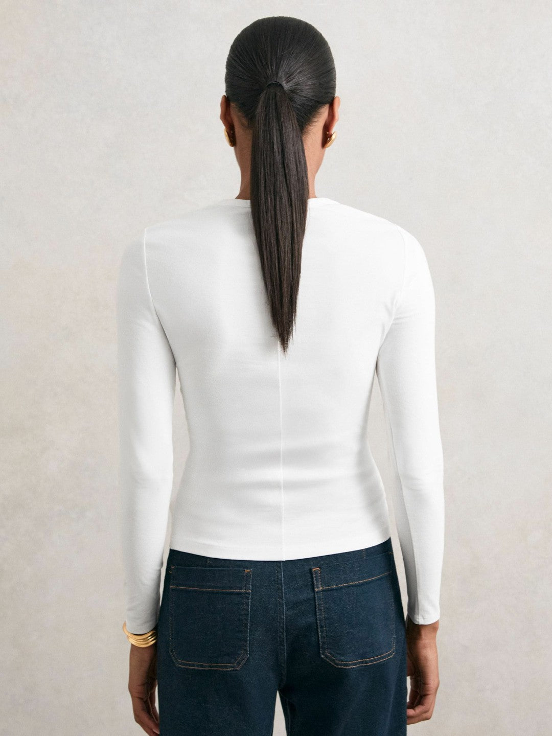 Cotton Crew-Neck Long-Sleeve T-Shirt With Stretch in White