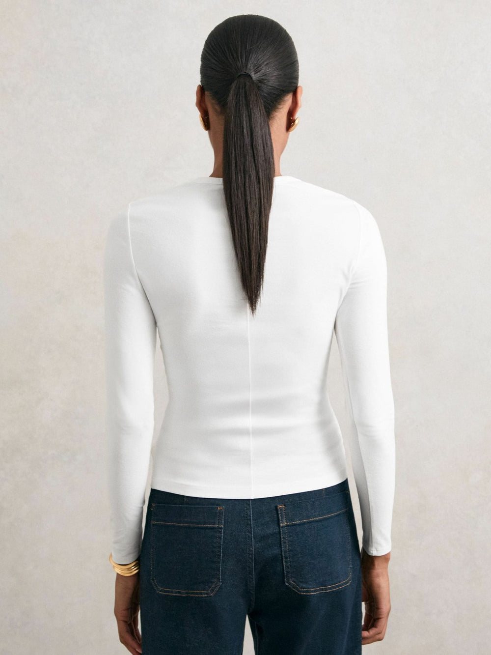 Cotton Crew-Neck Long-Sleeve T-Shirt With Stretch in White