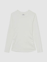 Cotton Long-Sleeve Ruched T-Shirt with Stretch in White