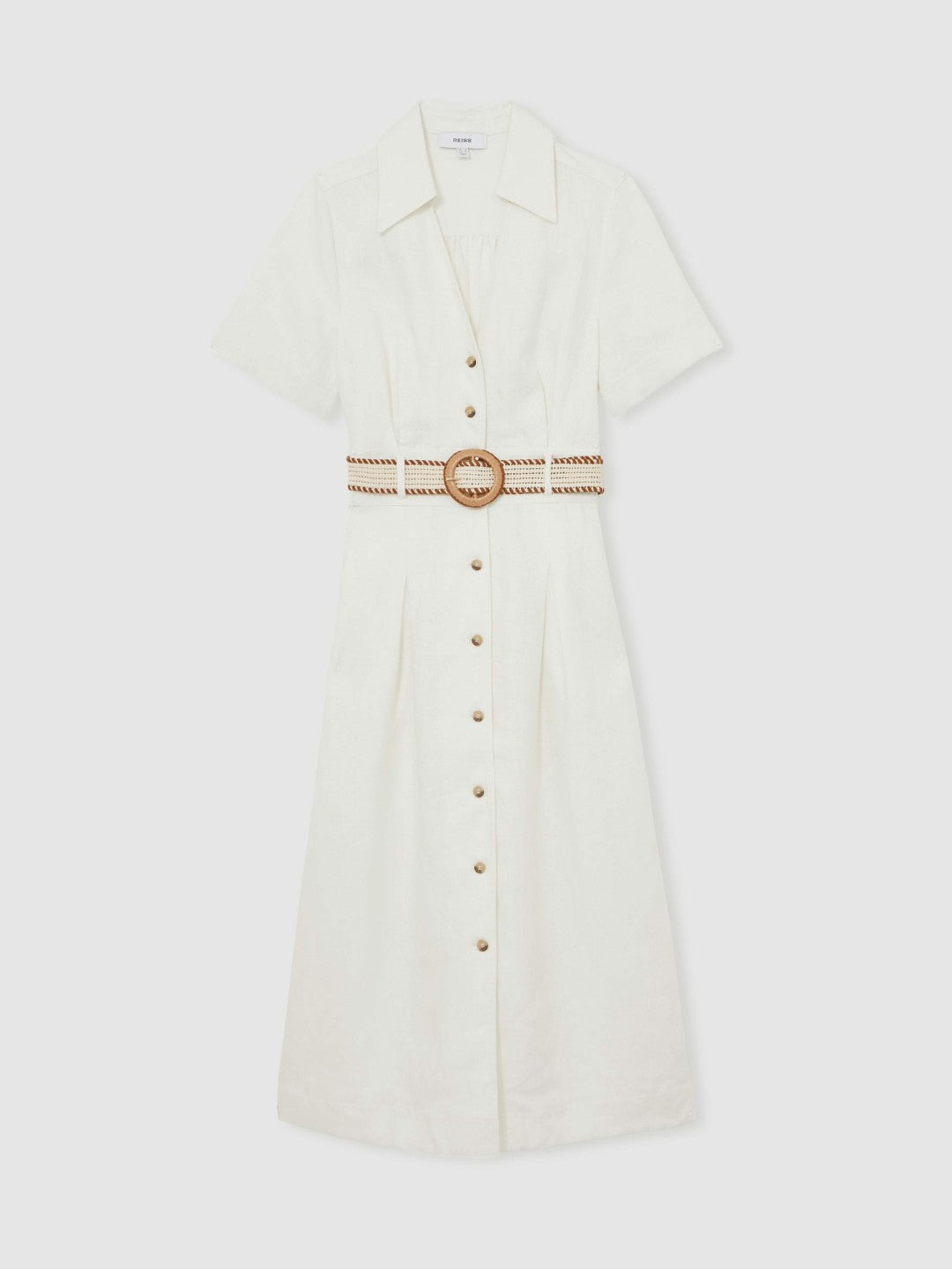 Linen Belted Midi Shirt Dress in Ivory
