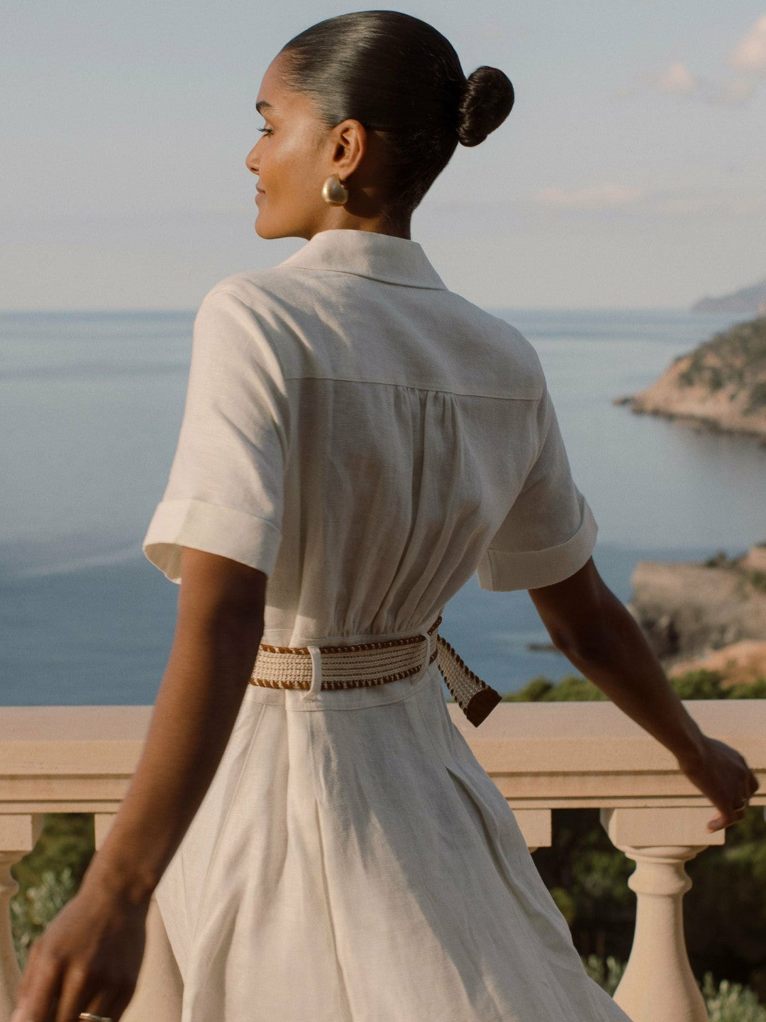 Linen Belted Midi Shirt Dress in Ivory