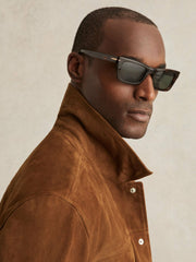 Suede Press Stud Trucker Jacket in Tobacco Brown