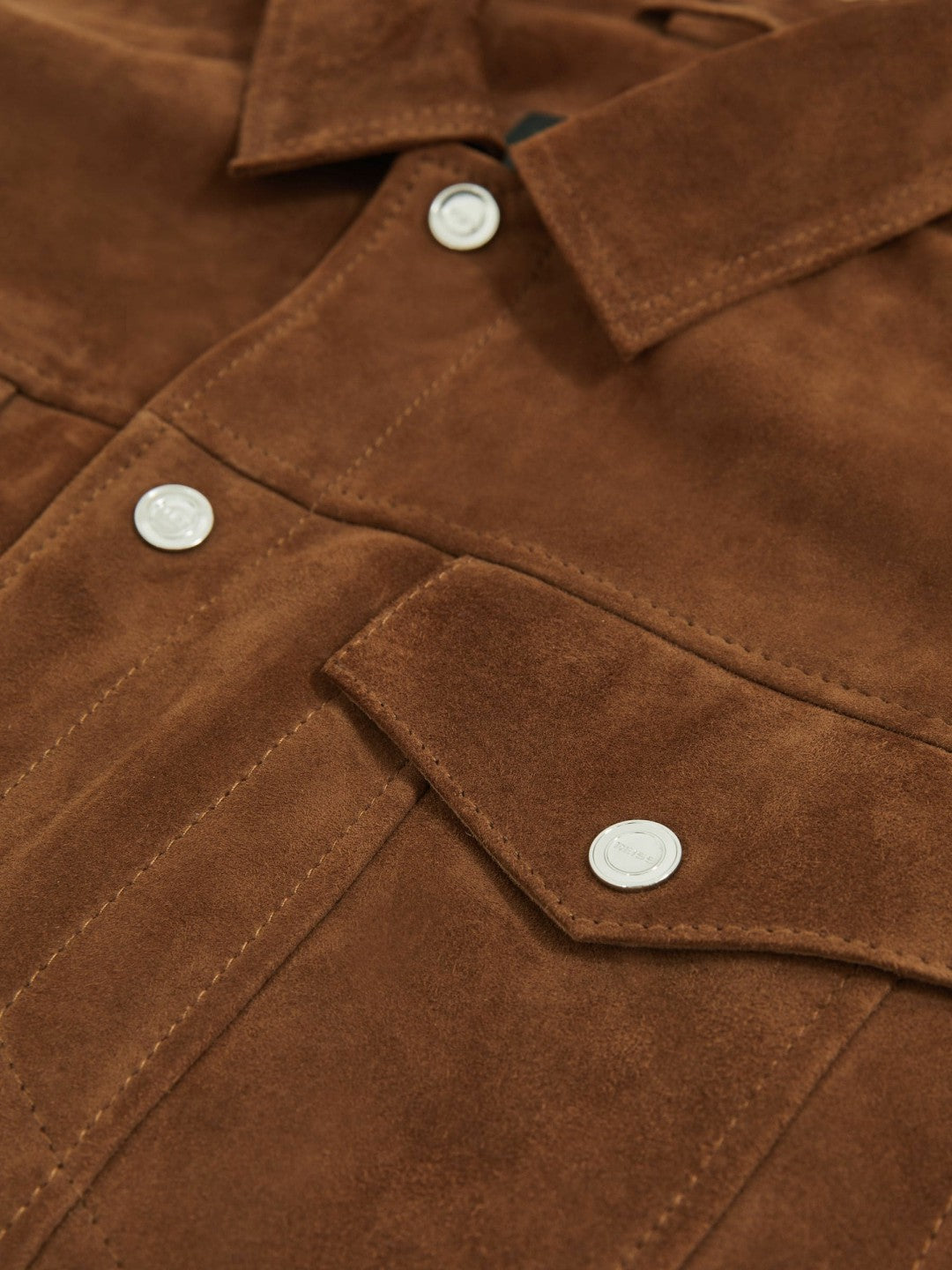 Suede Press Stud Trucker Jacket in Tobacco Brown