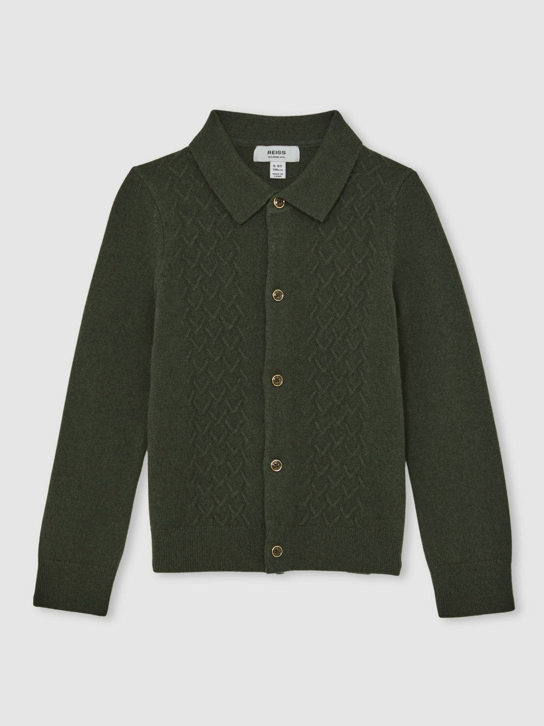 9-13 yrs Wool V-Stitch Button-Through Cardigan in Forest Green