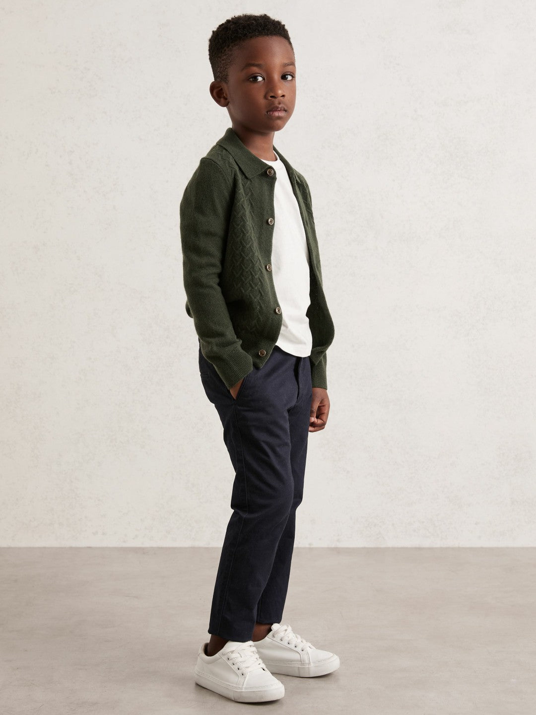 9-13 yrs Wool V-Stitch Button-Through Cardigan in Forest Green