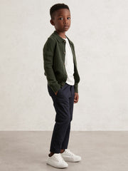 9-13 yrs Wool V-Stitch Button-Through Cardigan in Forest Green