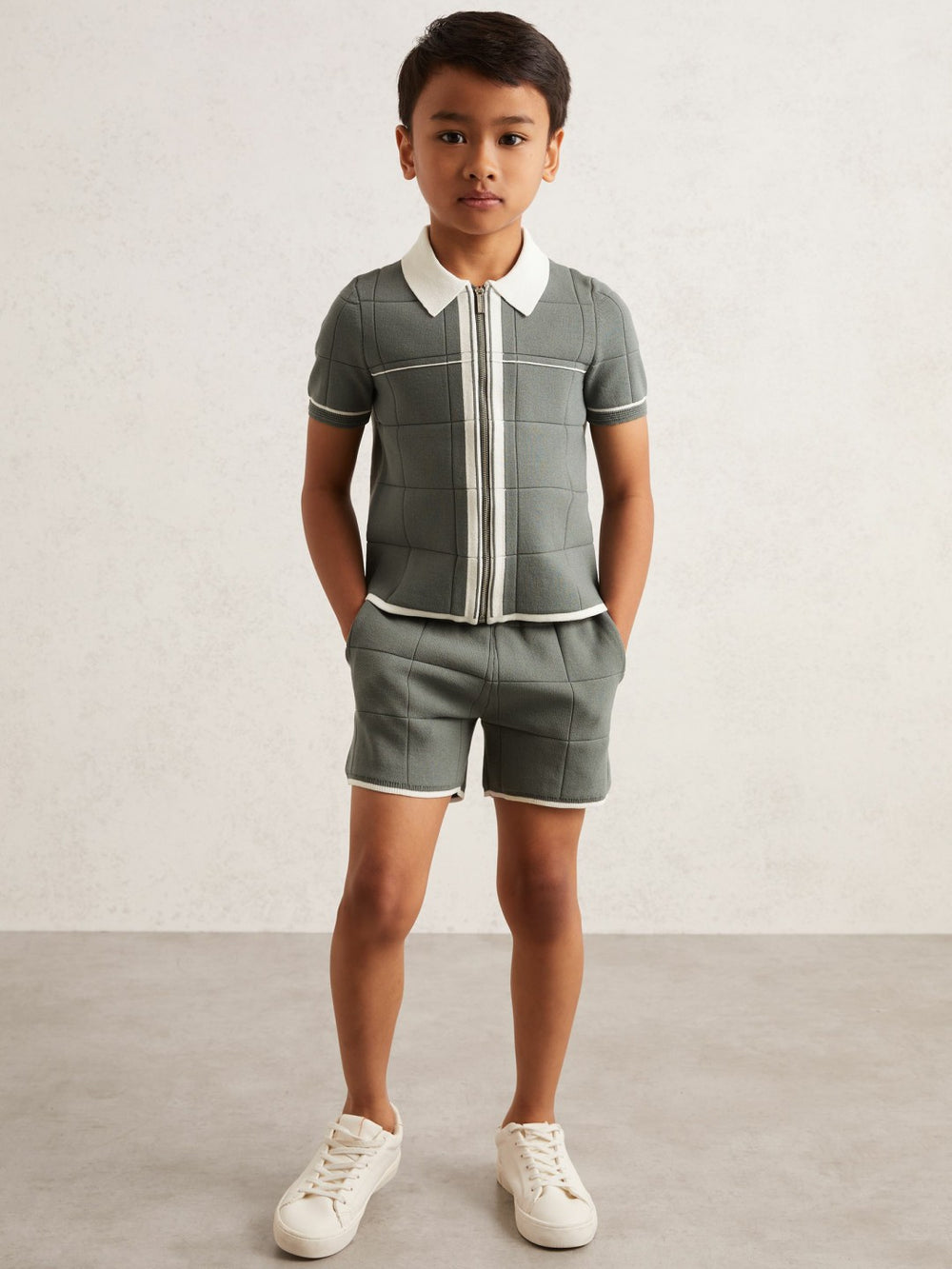 3-9 yrs Tipped Knit Zip-Through Shirt in Dark Sage Green