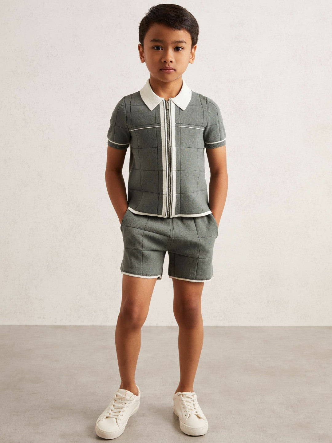 13-14 yrs Tipped Knit Zip-Through Shirt in Dark Sage Green