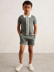 13-14 yrs Tipped Knit Zip-Through Shirt in Dark Sage Green